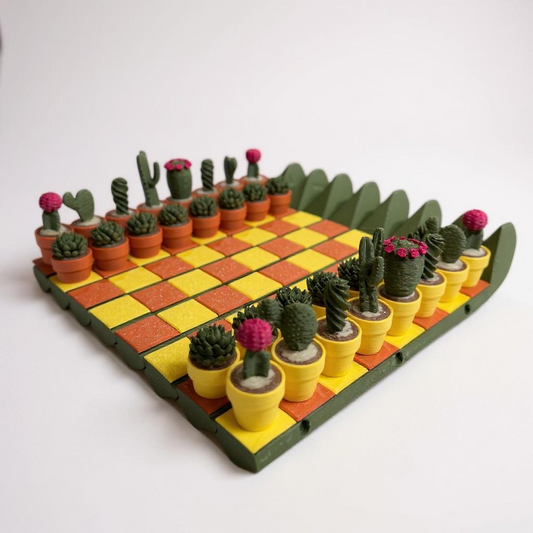 Cactus Inspired Chess Set - 3D Printed Desert-Themed Yellow Orange Board with Eco-Friendly Pieces for Game Night or Quirky Coffee Table Flex